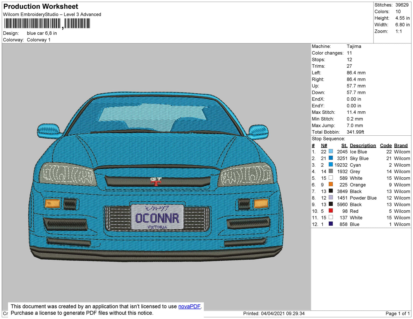 Blue Car Embroidery Machine Design File 4 size