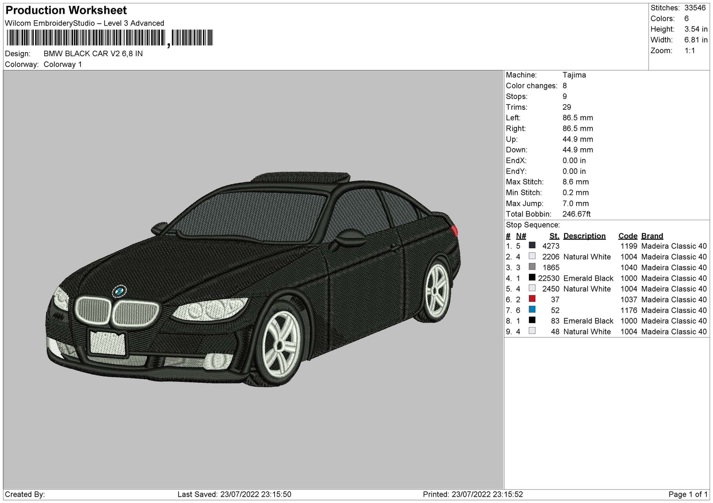 BMW Black Car V2 Embroidery Design File 4 sizes