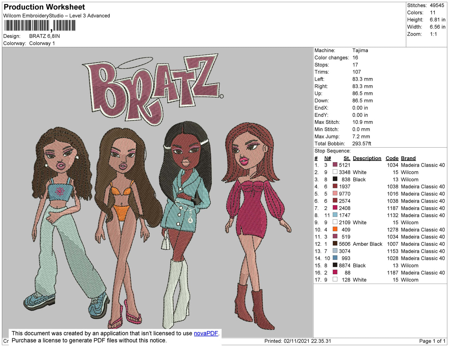 Bratz Embroidery Machine Design File 4 size