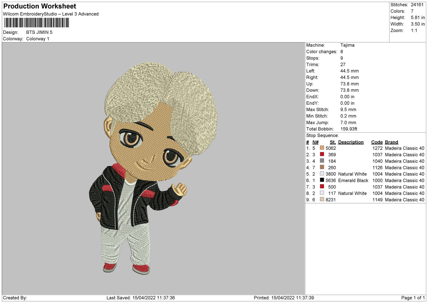 Bts Jimin Embroidery Machine Design File 4 size