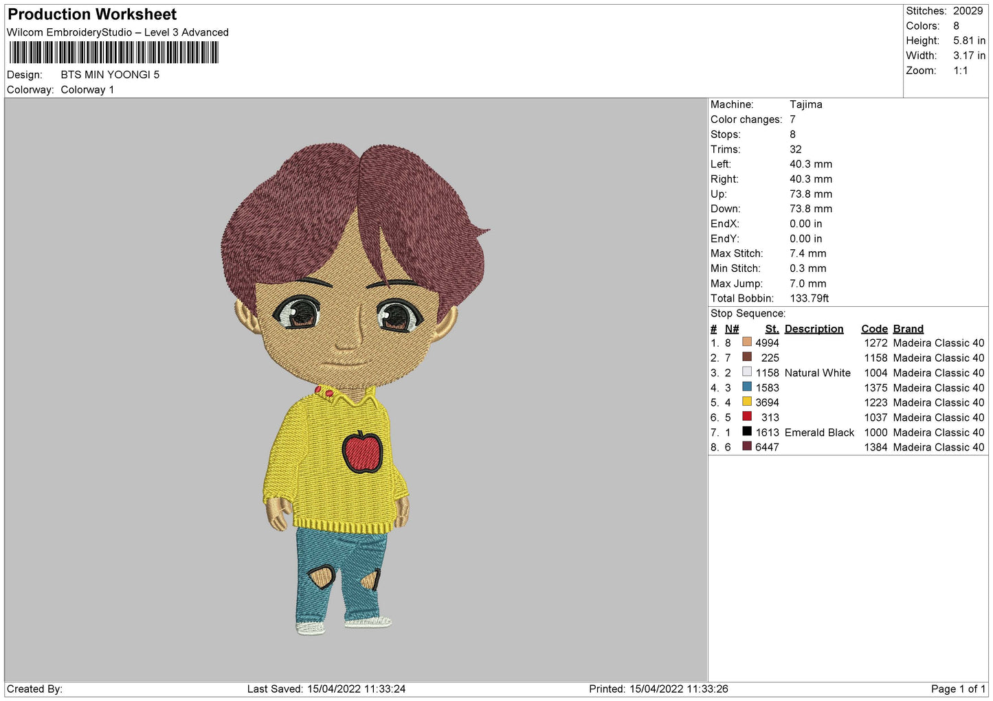 Bts Min Yoongi Embroidery Machine Design File 4 size