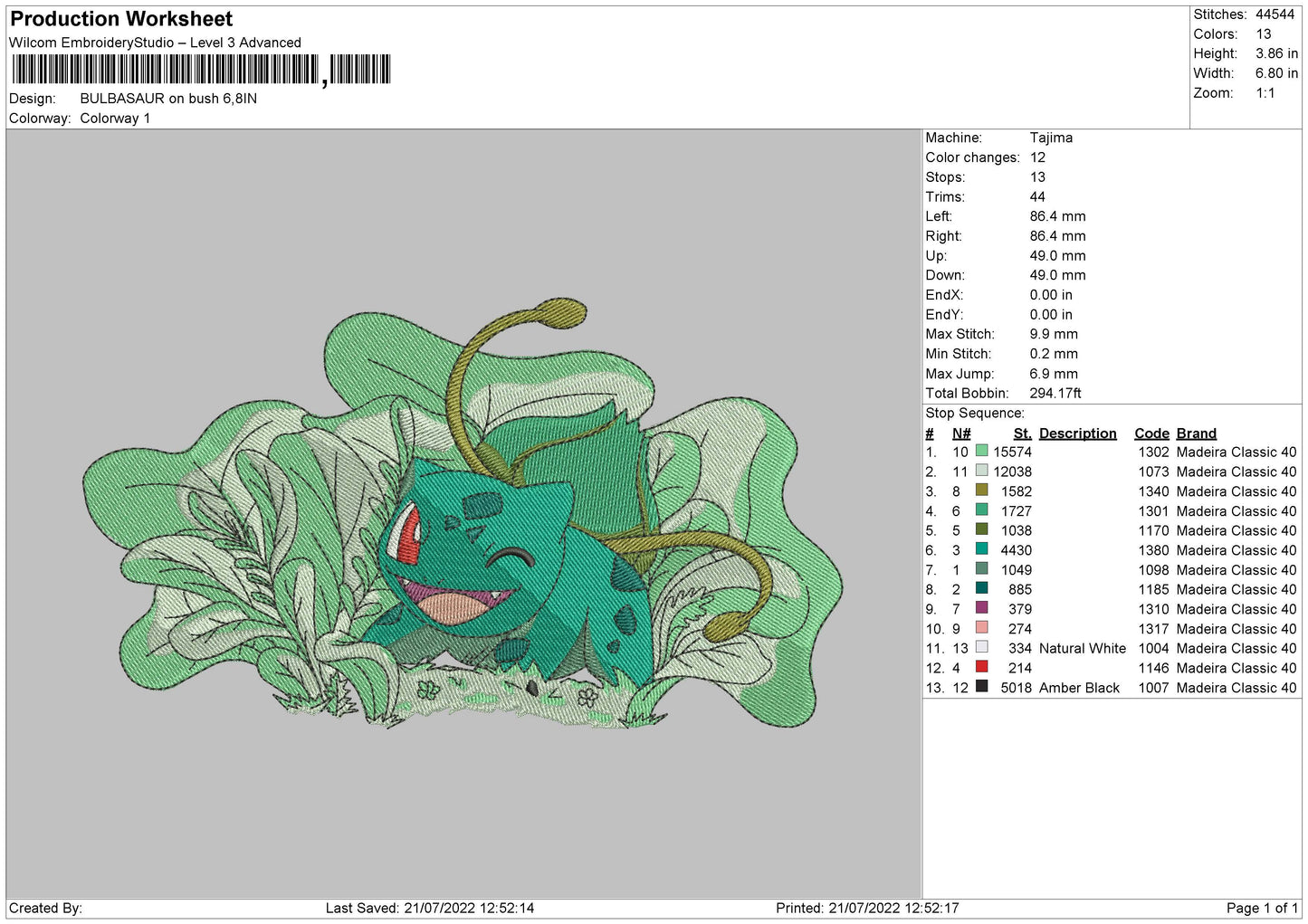 Bulbasaur On Bush Embroidery Machine Design File 4 sizes