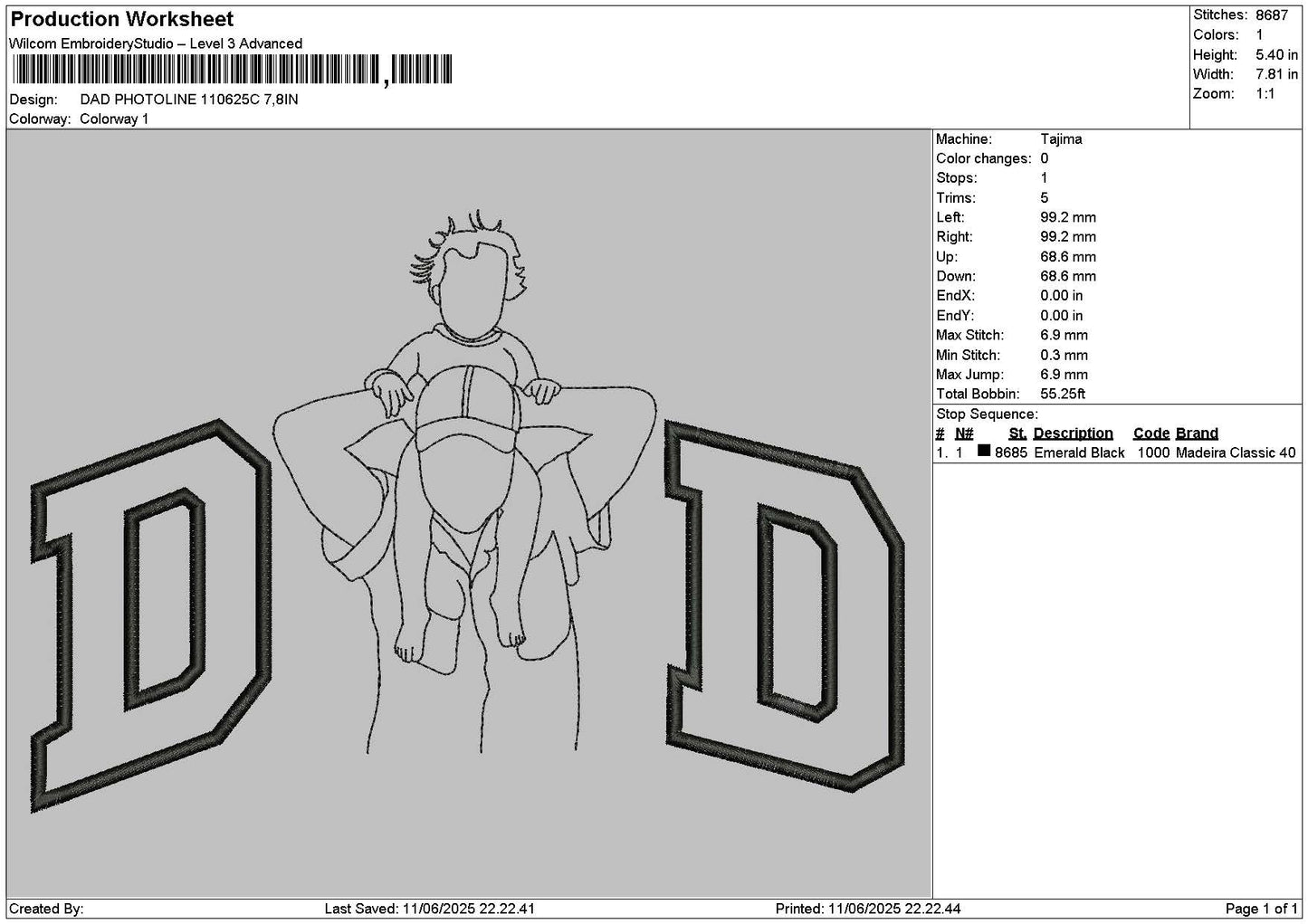 Dad Photoline 1106c Embroidery File 6 sizes