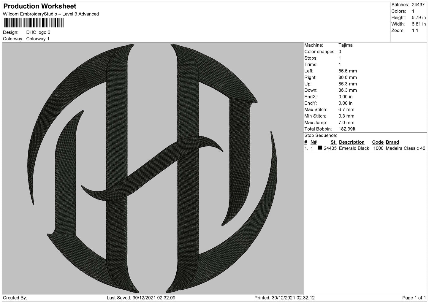 DHC Logo Embroidery File 5 Size