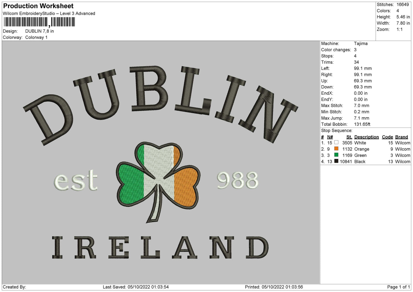 Dublin Embroidery File 5 sizes