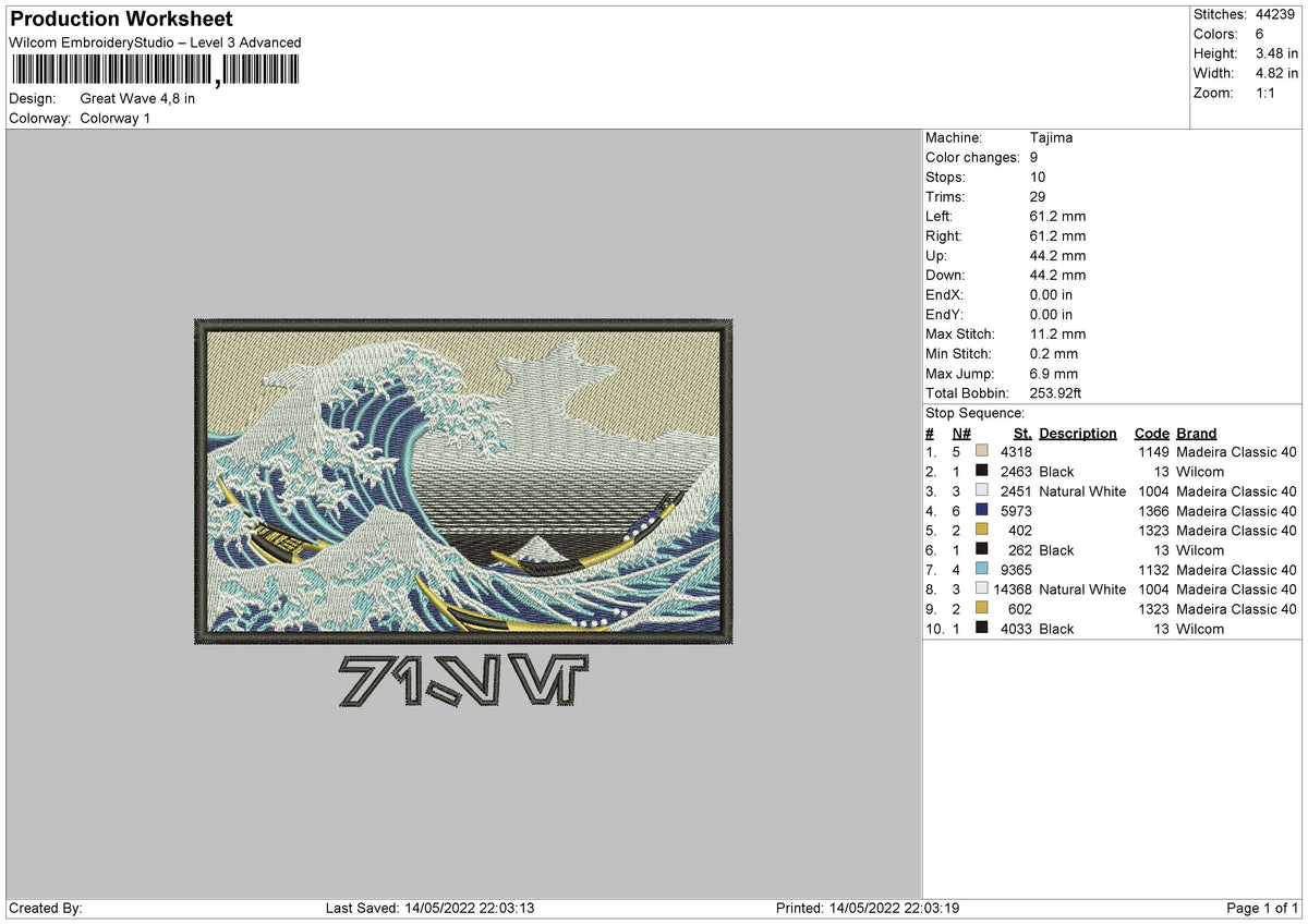 Great Wave Embroidery File 4 size Master Digitizer