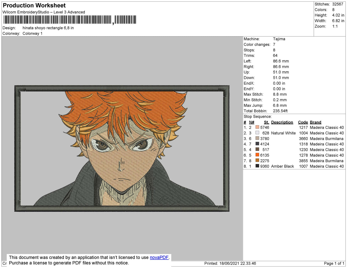 Hinata Shoyo Rectangle Embroidery File 4 size