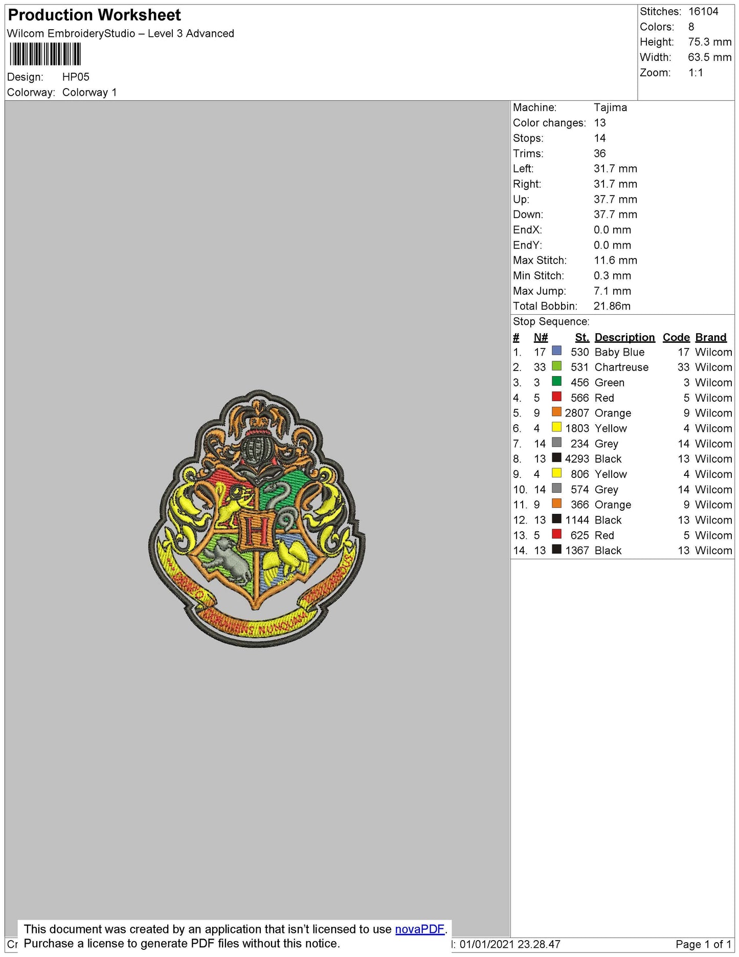 Harry Potter Embroidery File 75 x 60 mm