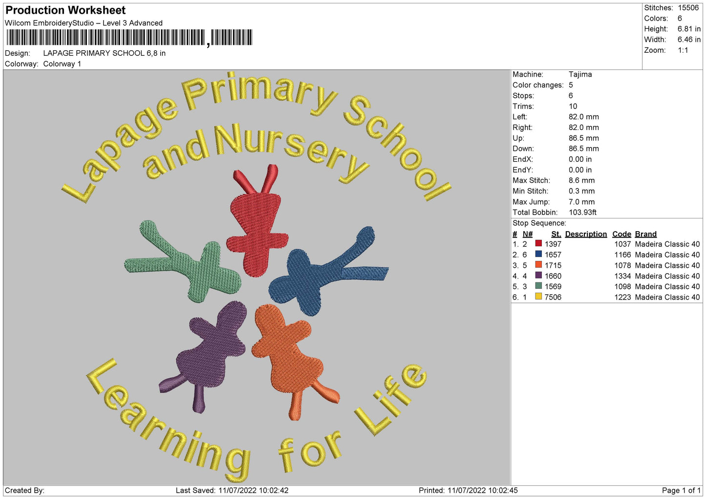 Lapage Primary School Embroidery File 4 sizes