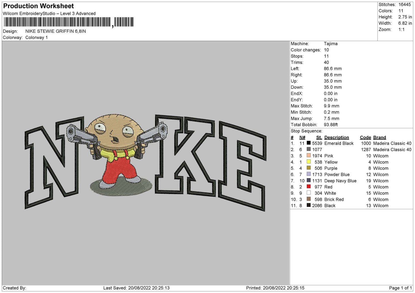 Nike Stewie Griffin Embroidery File 5 sizes