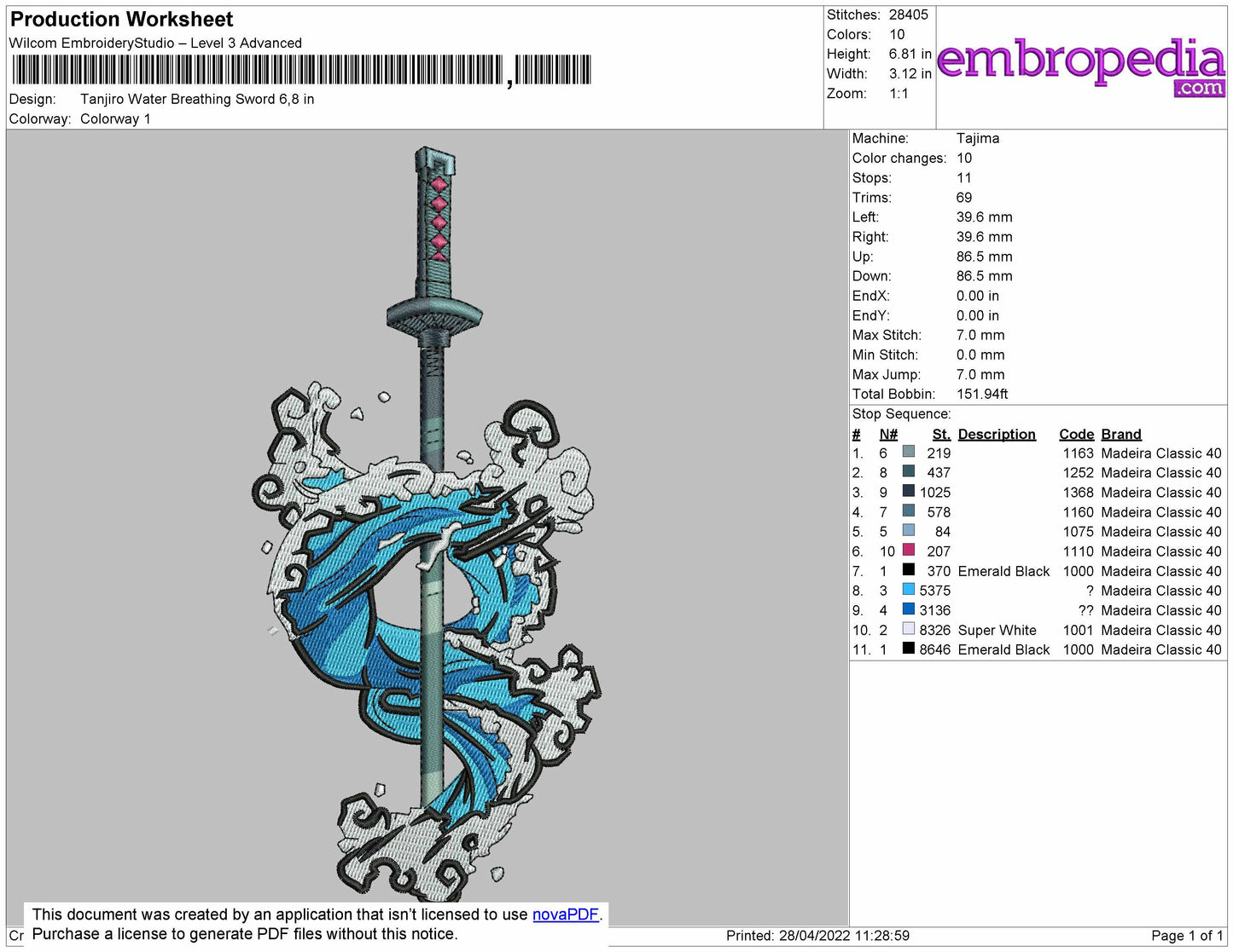 Tanjiro Water Breathing Sword Embroidery File 4 size