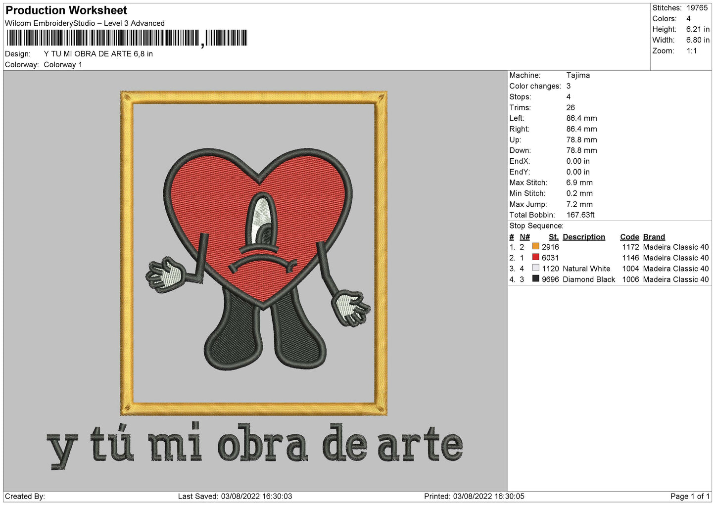 Y Tu Mi Obra De Arte Embroidery Design File 4 sizes