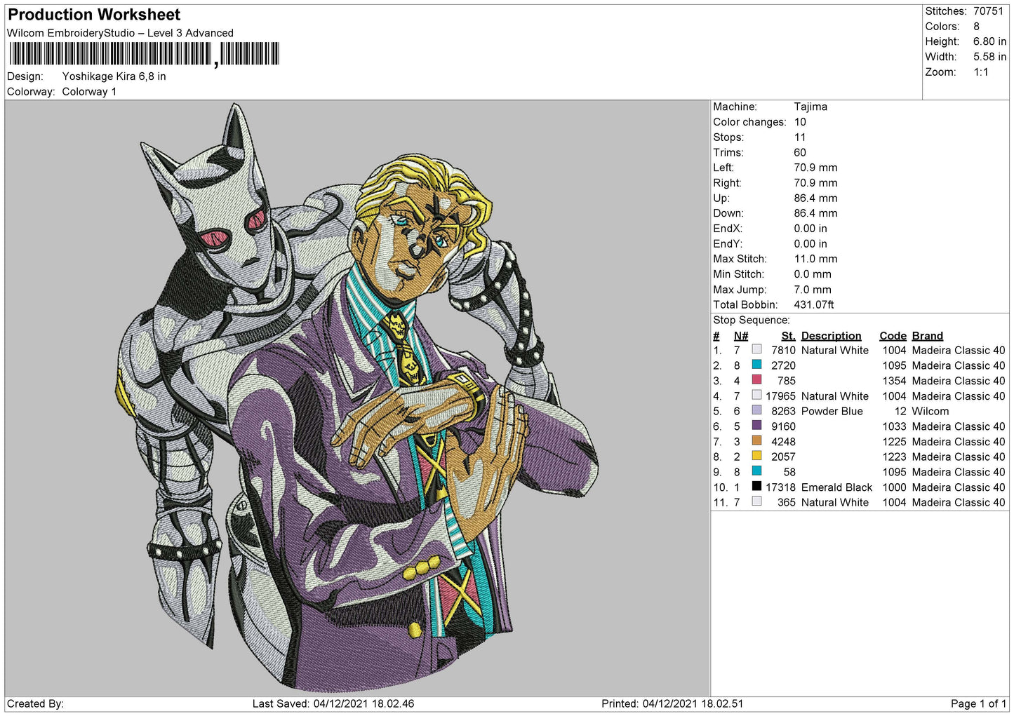 Yoshikage Kira Embroidery Machine Design File 4 size