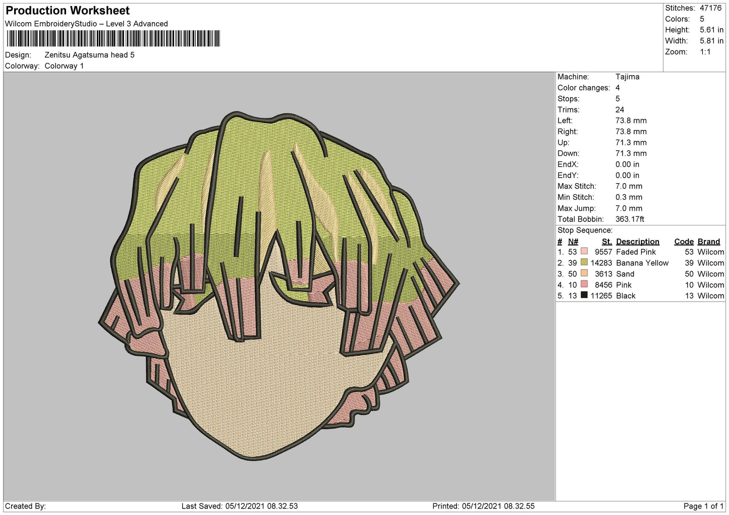 Zenitsu Agatsuma Embroidery Machine Design File 4 size