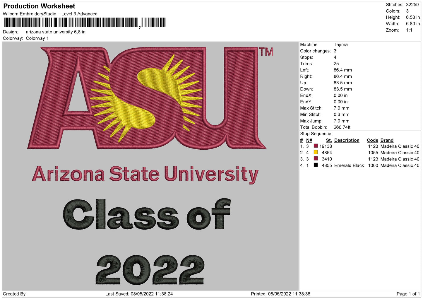 Arizona State University Embroidery File 4 size