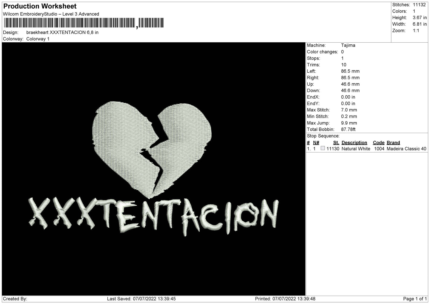 Breakheart XXXtentacion Embroidery File 5 sizes