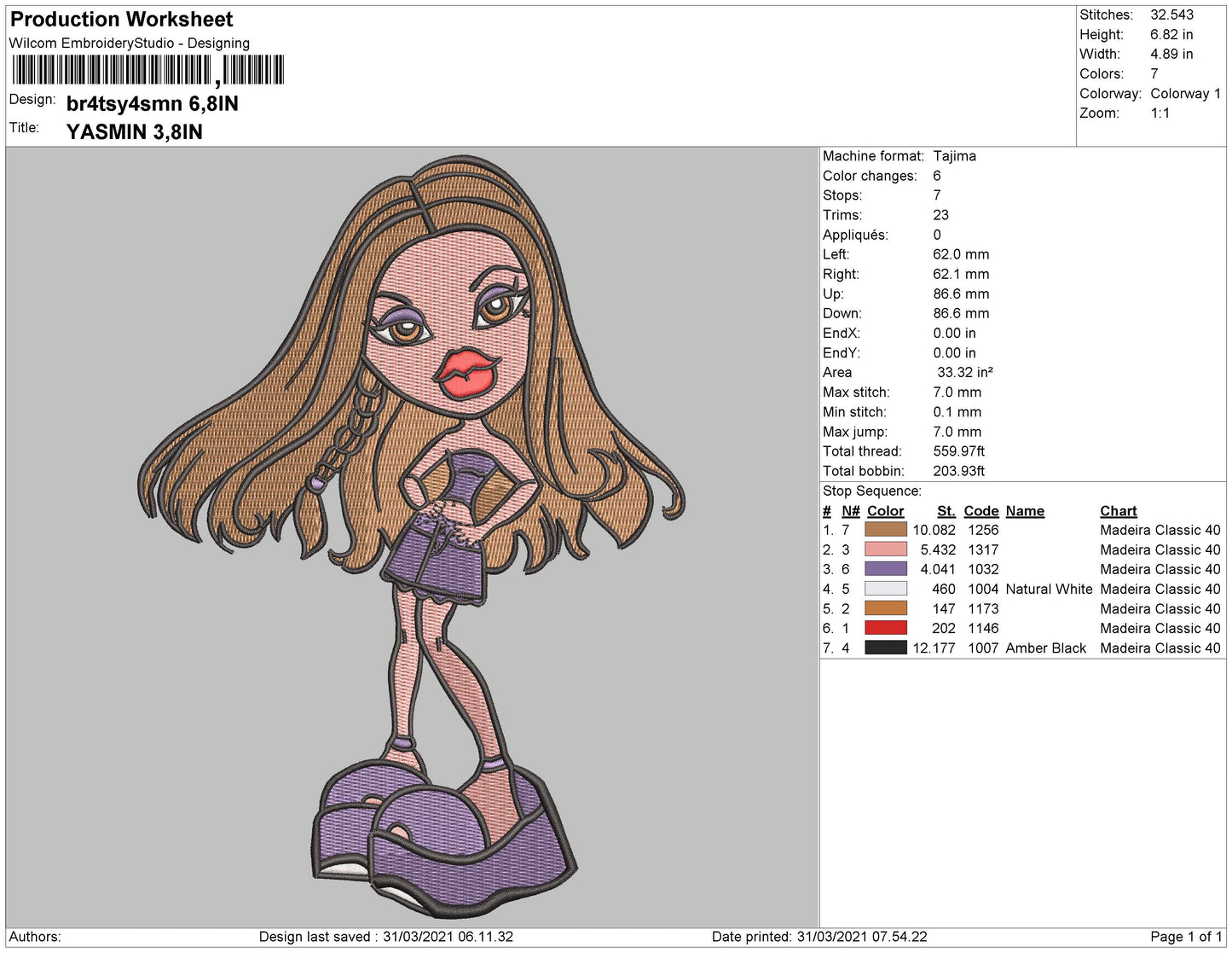 Bratz Yasmin Embroidery Machine Design File 4 size