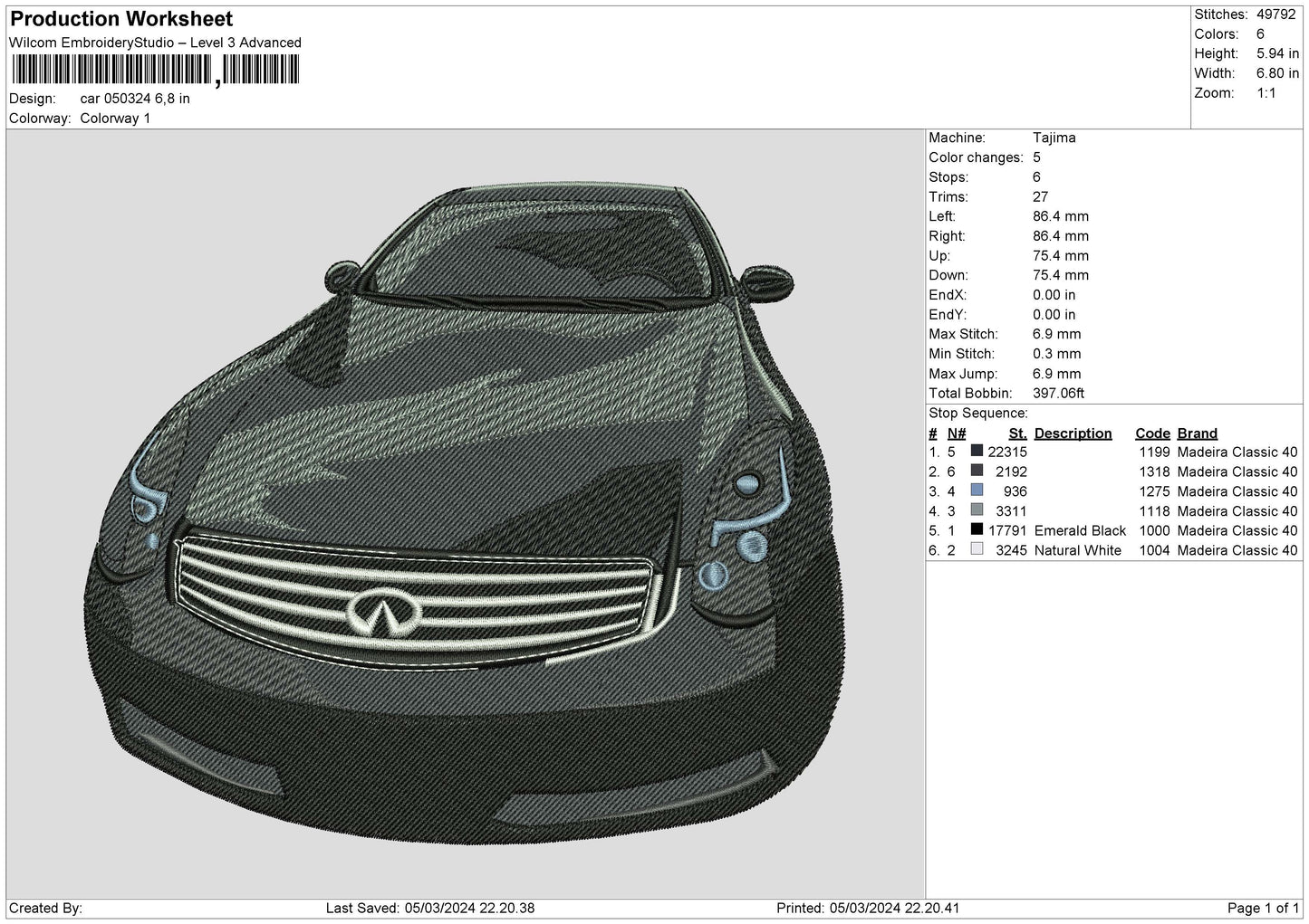 Car 0503 Embroidery Machine Design File 6 sizes