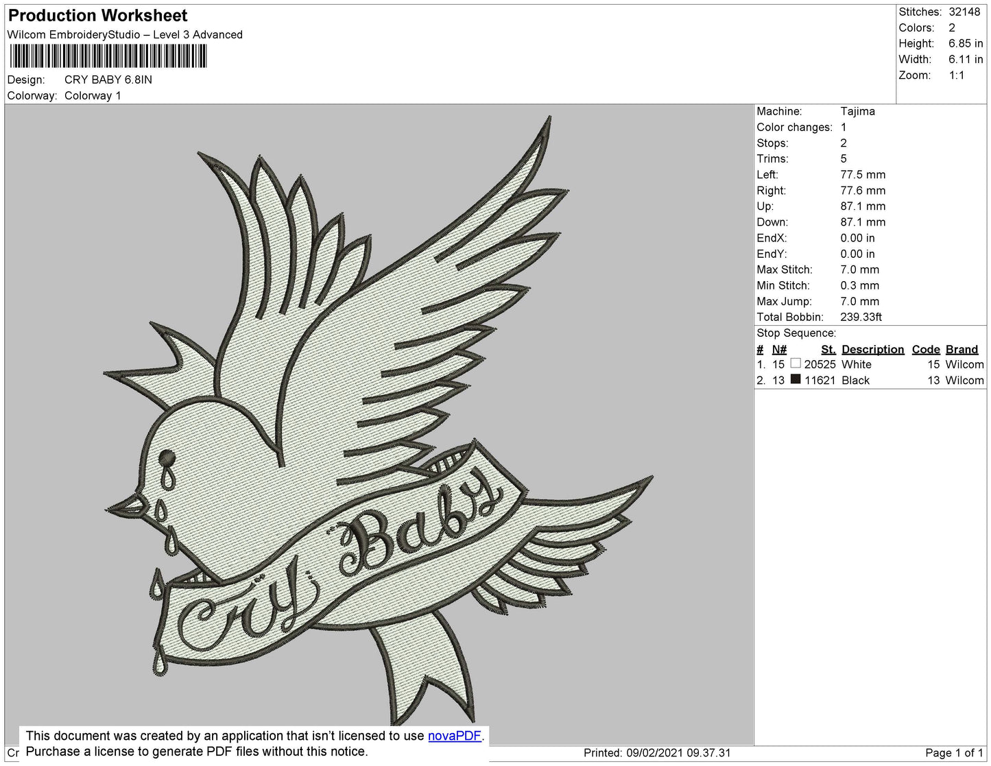 Bird Cry Baby Embroidery Design File 5 size