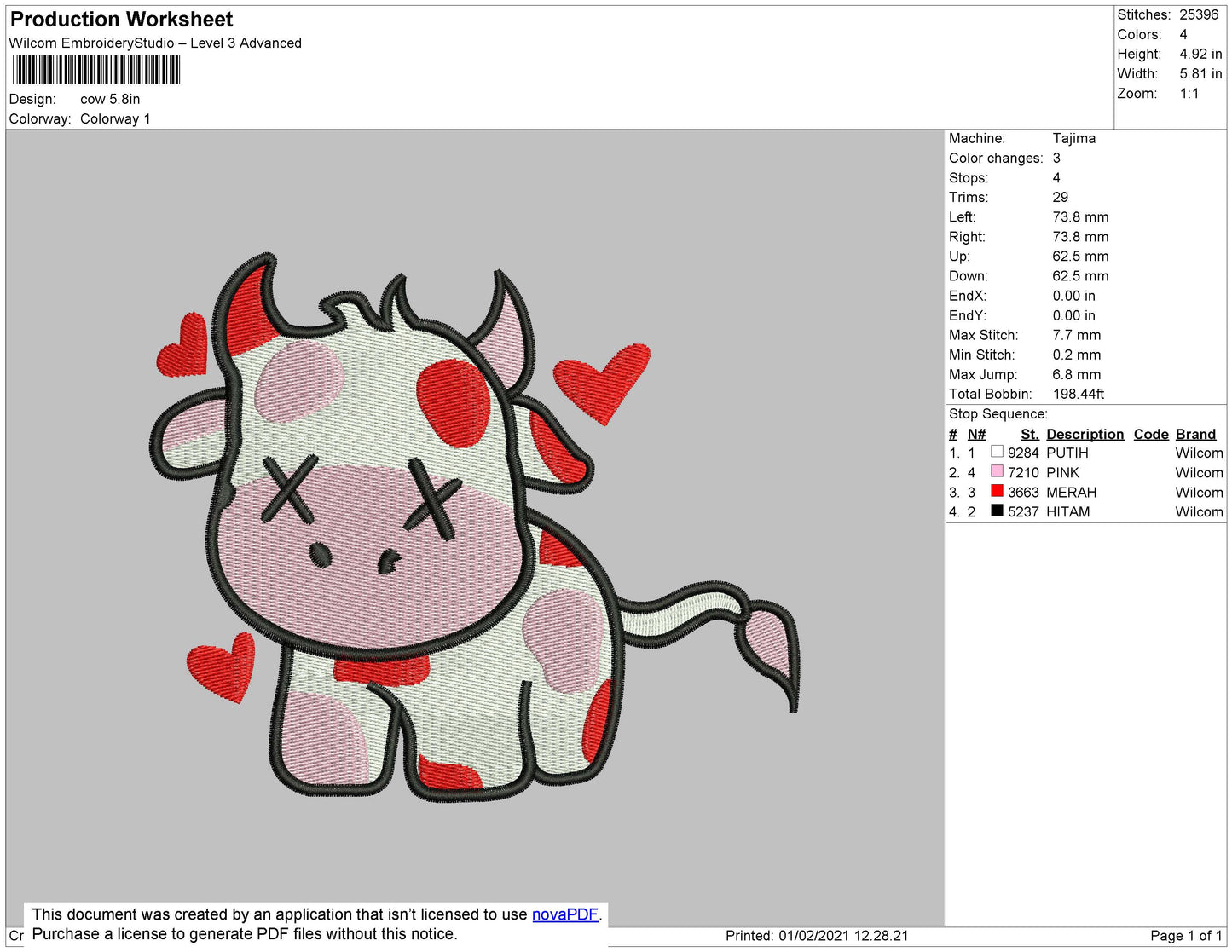 Cow Red Luv embroidery Design