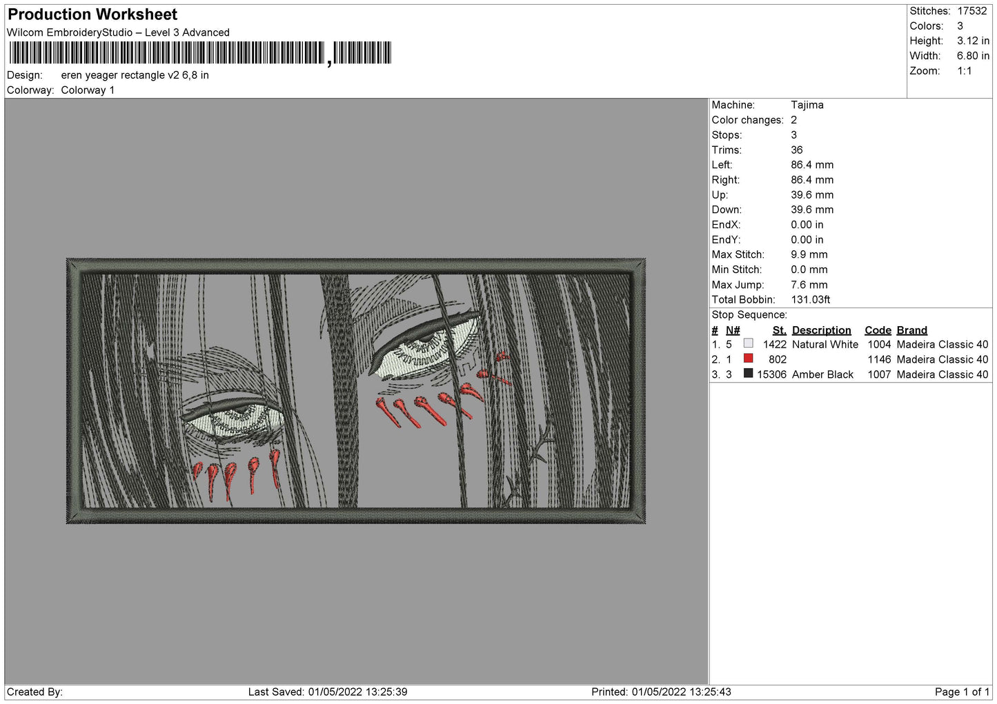Eren Yeager Rectangle V02 Embroidery File 4 sizes