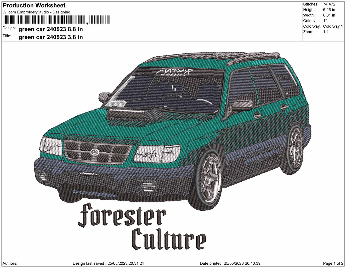 Green Car 2405 Embroidery File 6 sizes