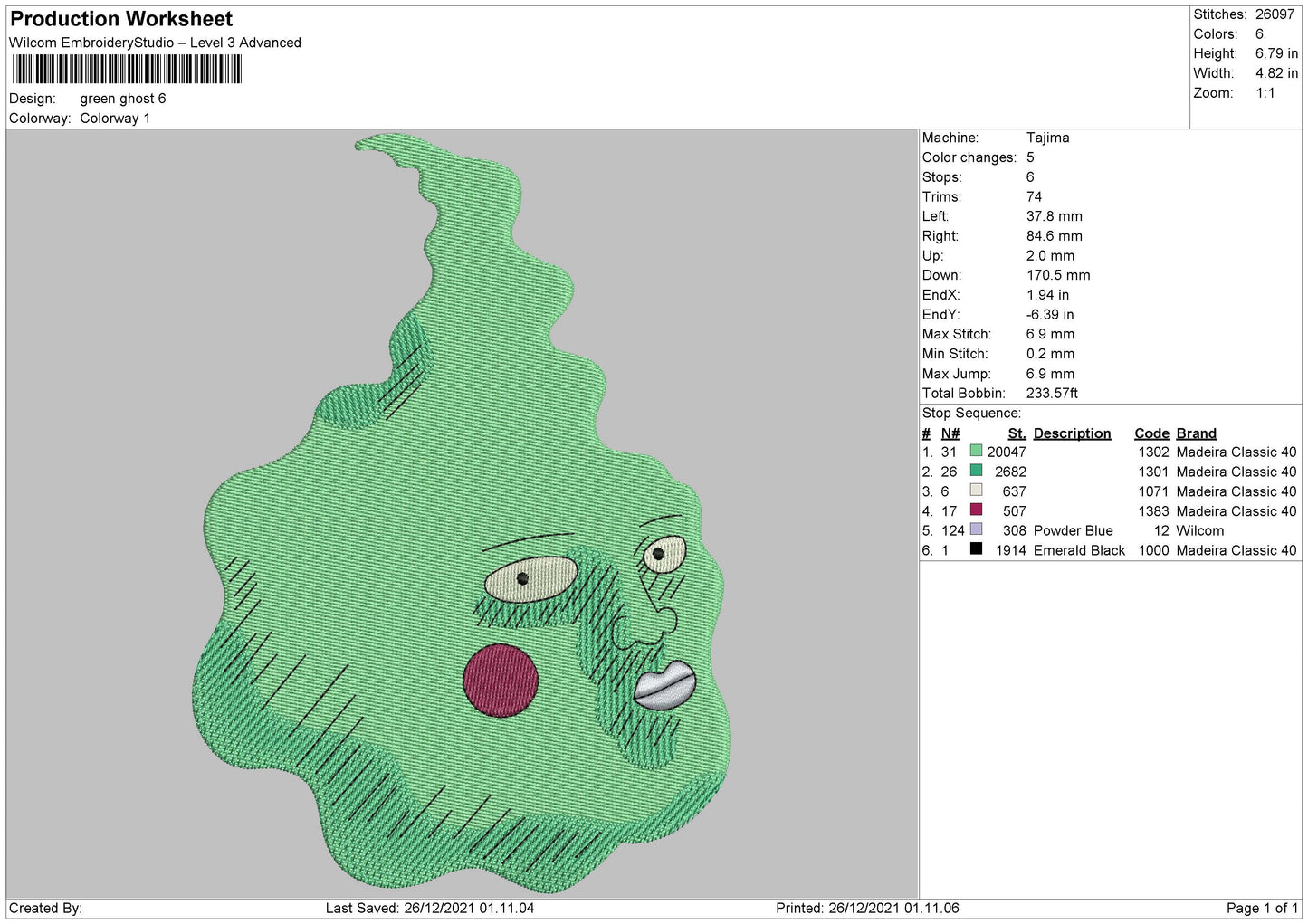 Green Ghost Embroidery File 5 size
