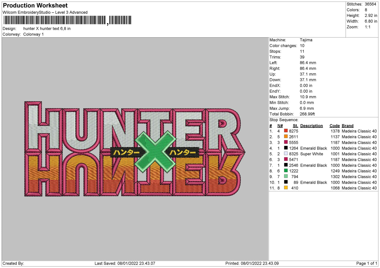 Hunter X Hunter Text Embroidery File 4 size