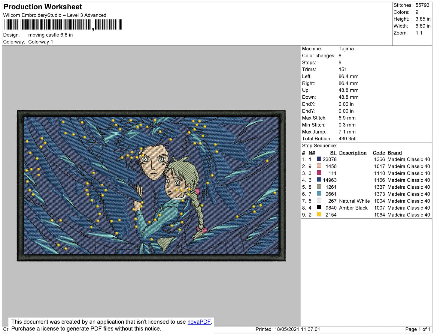 Moving Castle Rectangle Embroidery File 4 size