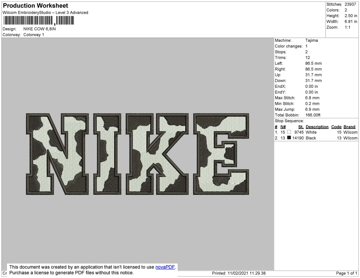 Nike Cow Black Pattern Embroidery File 4 size