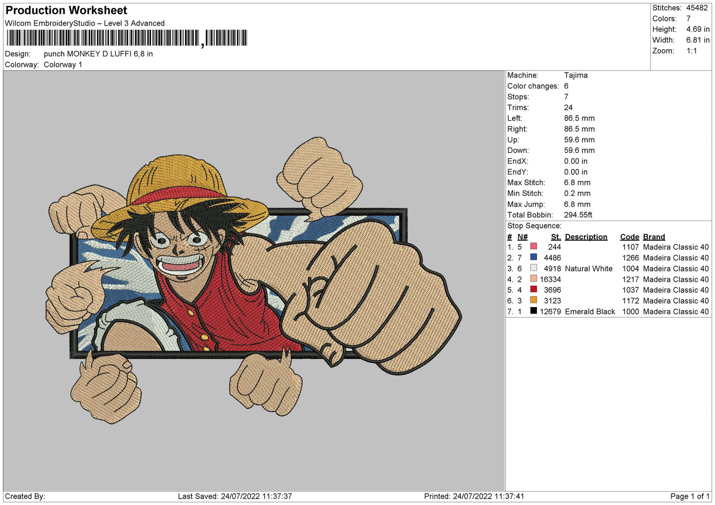 Punch Monkey D Luffy Embroidery Fiole 4 sizes