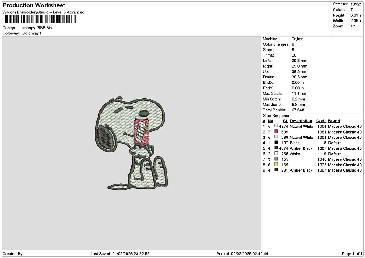Snoopy Pibb Embroidery File 6 sizes – Master Digitizer
