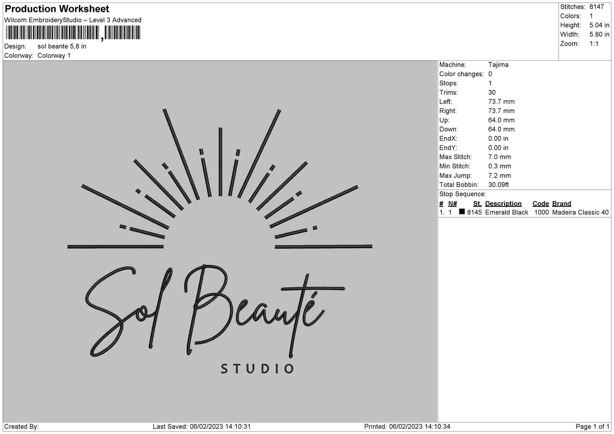 Sol Beante Embroidery File 6 sizes – Master Digitizer