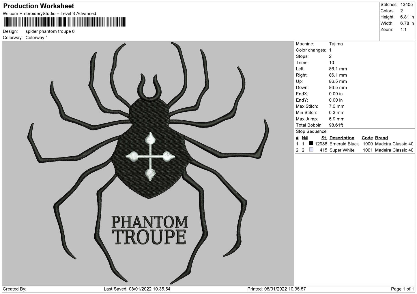 Spider Phantom Troupe Embroidery File 4 size