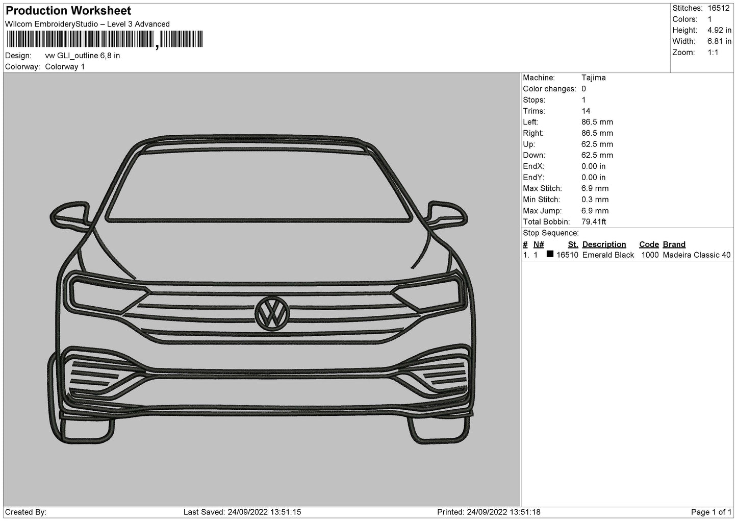 VW Gli Outline V2 Embroidery File 5 sizes