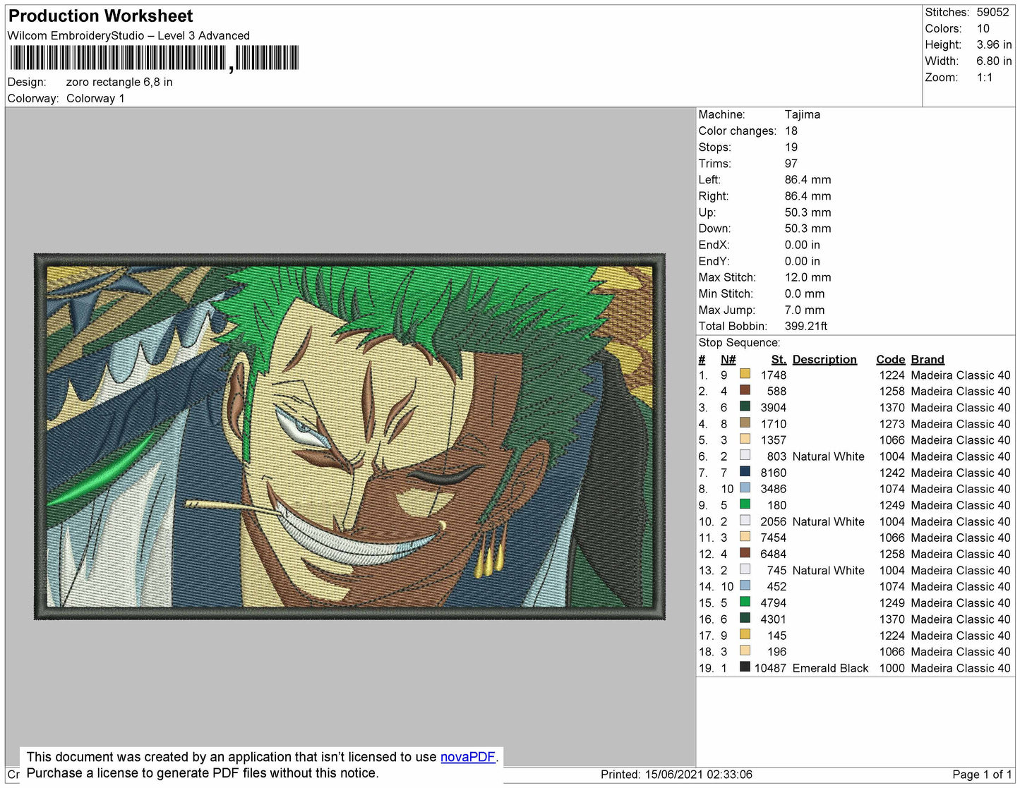 Zoro Rectangle Embroidery Machine Design File