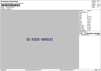 Roman Numerals 0323 Embroidery File 6 sizes