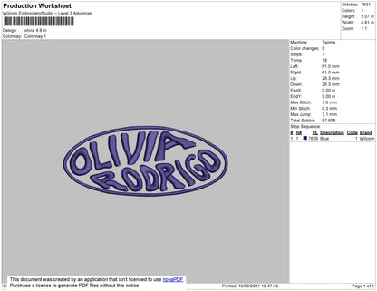 Olivia Text Embroidery File 4 size