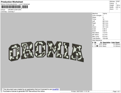 Oromia Cow Text Embroidery File 4 size