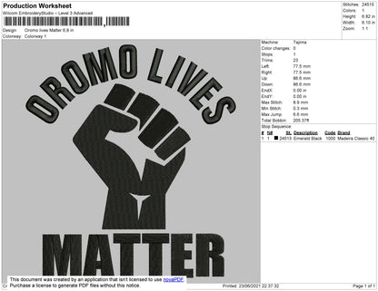 Oromo Lives Matter Embroidery File 4 size