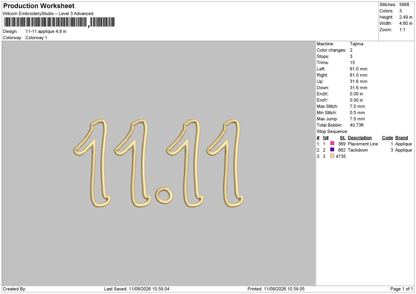 11-11 applique  Embroidery Machine Design File 6 sizes