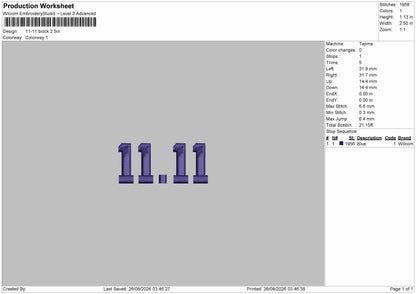 11 11 V2 Embroidery Machine Design File 6 sizes