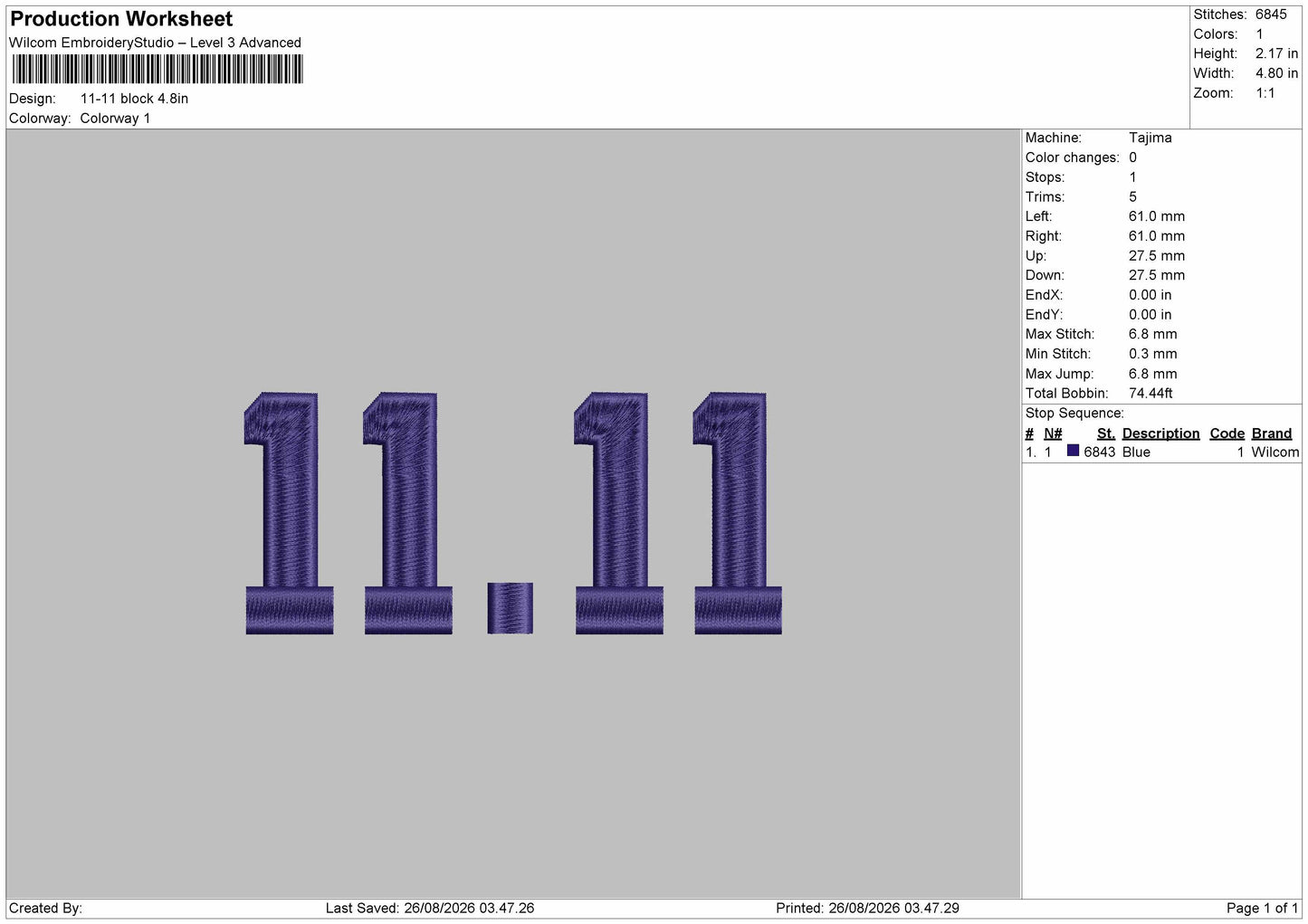 11 11 V2 Embroidery Machine Design File 6 sizes