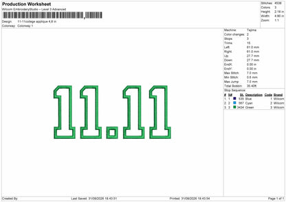 11 11 V2 Embroidery Machine Design File 6 sizes