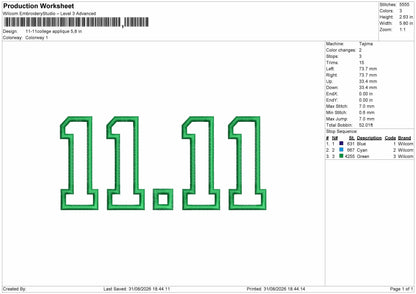 11 11 V2 Embroidery Machine Design File 6 sizes