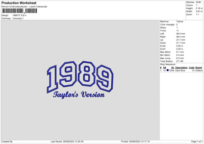 1989Taylor Version Embroidery File 6 sizes