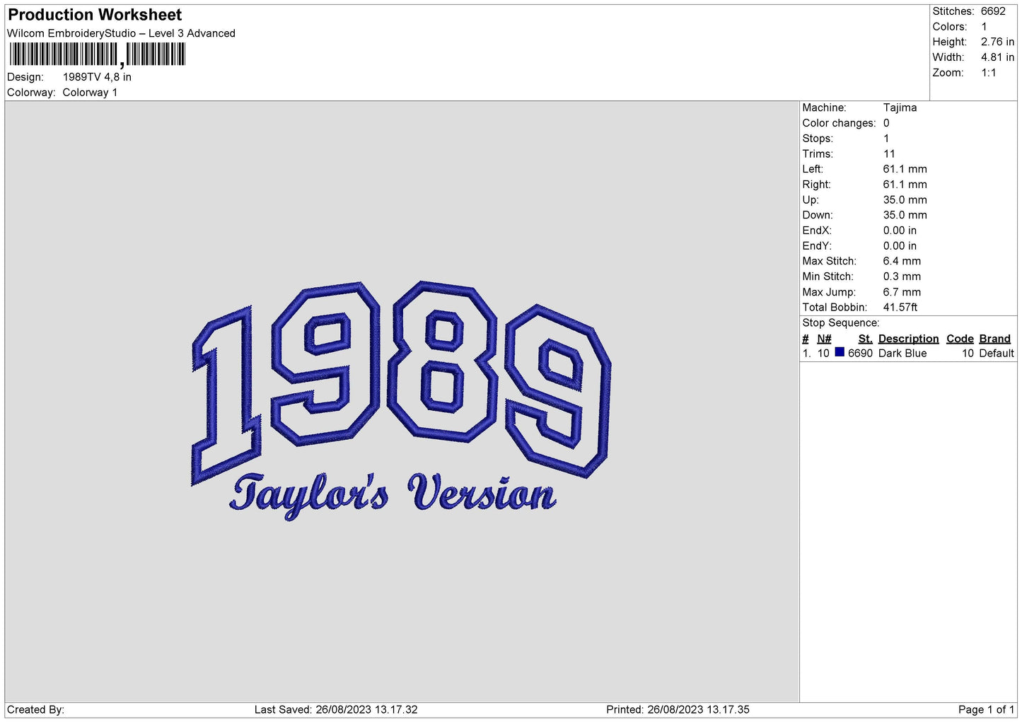 1989Taylor Version Embroidery File 6 sizes