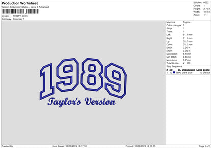 1989Taylor Version Embroidery File 6 sizes
