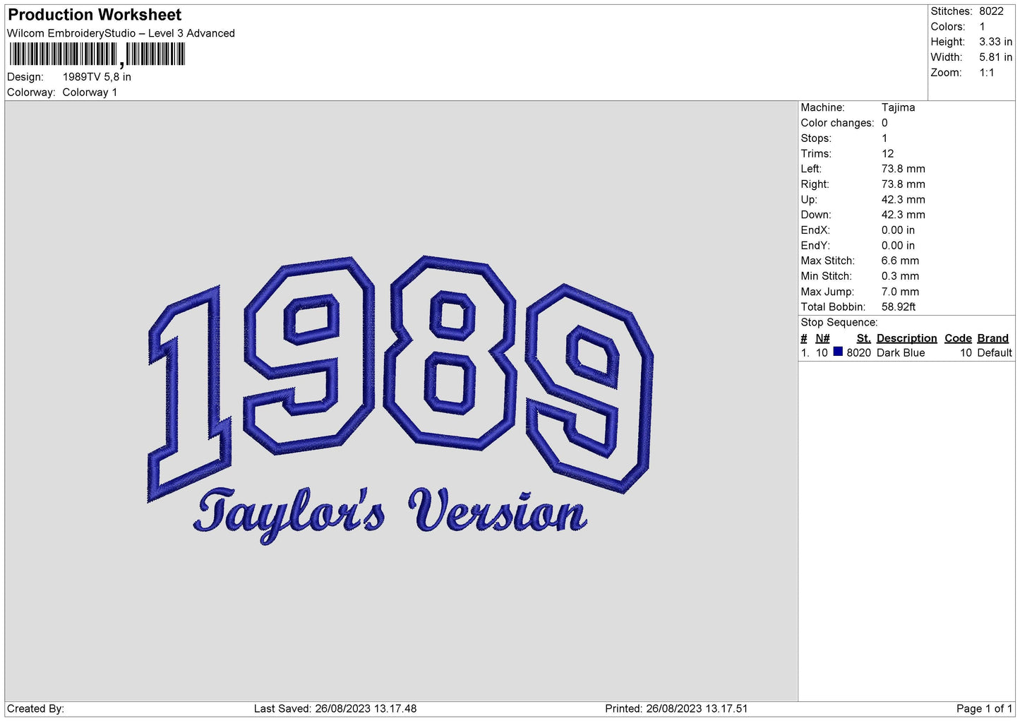 1989Taylor Version Embroidery File 6 sizes