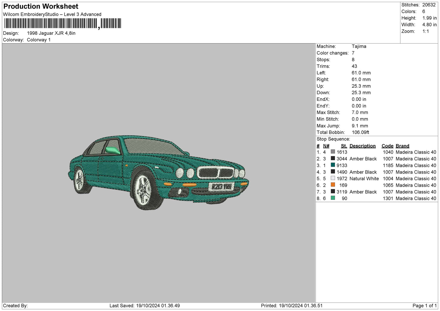 Car 1910 Embroidery File 6 sizes